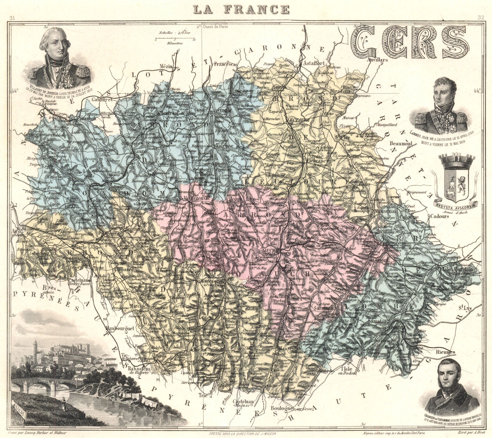 GERS. Gers département.  Auch vignette. Vuillemin 1903 old antique map chart